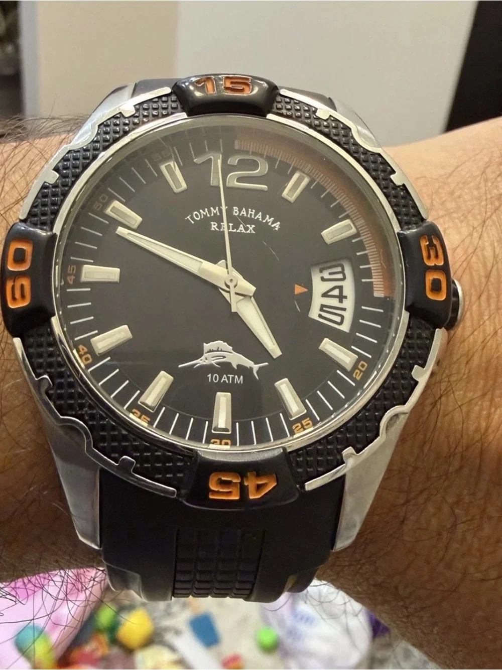 Tommy Bahama Relax Men Watch RLX1112 Black Orange Date 10 ATM 46mm Sport Diver
